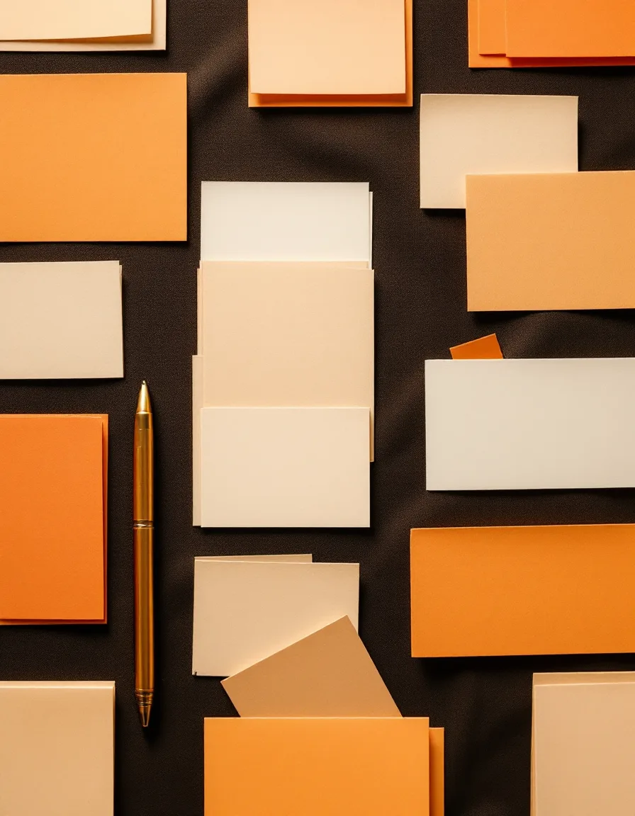 Index cards sorted into rows beside a brass pen on dark brown linen